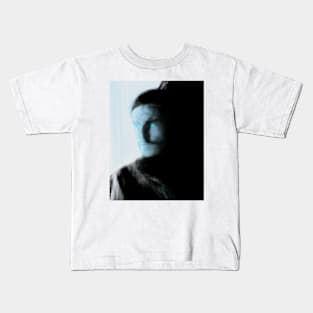 Portrait, digital collage, special processing. Bright side, survival guy. Man between light and darkness. Light blue. Kids T-Shirt